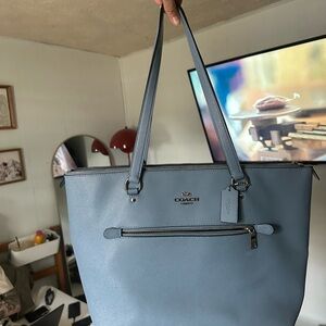 Coach Light Blue Leather Tote with Front Zip Pocket
